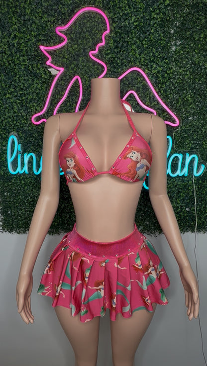 Ariel Print Spandex Bikini Top/Skirt Two-Piece Lingerie Outfit