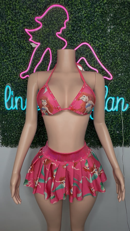 Ariel Print Spandex Bikini Top/Skirt Two-Piece Lingerie Outfit