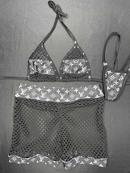 Designer Black/White Spandex/Fishnet Bikini Top/Shorts Two-Piece Lingerie Outfit