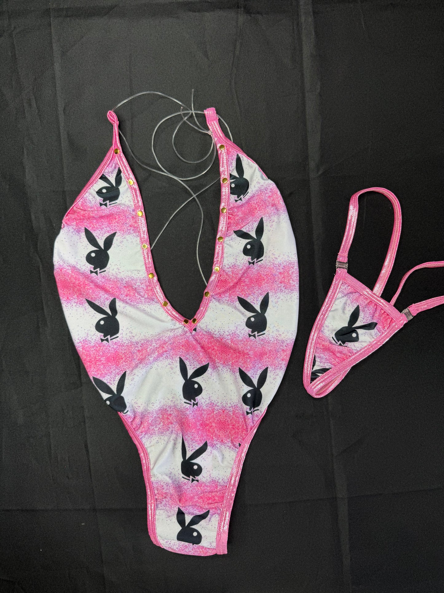 Metallic Pink/Bunny Spandex One-Piece Lingerie Outfit