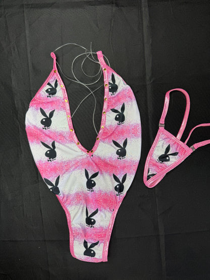Metallic Pink/Bunny Spandex One-Piece Lingerie Outfit