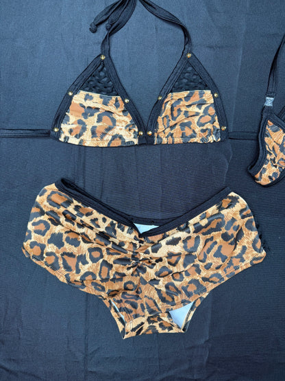 Cheetah Animal Print/Black Spandex Two-Piece Bikini Lingerie Outfit
