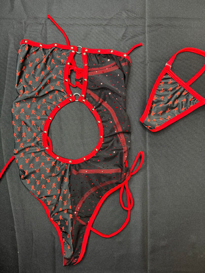 Red/Black Bunny Mesh/Spandex One-Piece Exotic Dancer Outfit