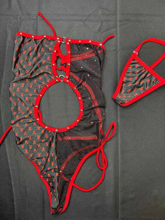 Red/Black Bunny Mesh/Spandex One-Piece Exotic Dancer Outfit