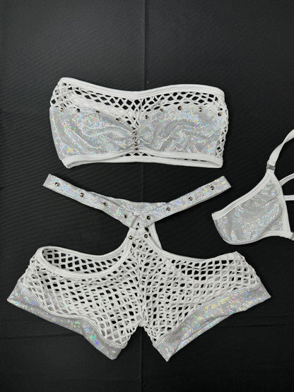 Metallic White/Silver Tube Top & White Fishnet Shorts Dance Wear