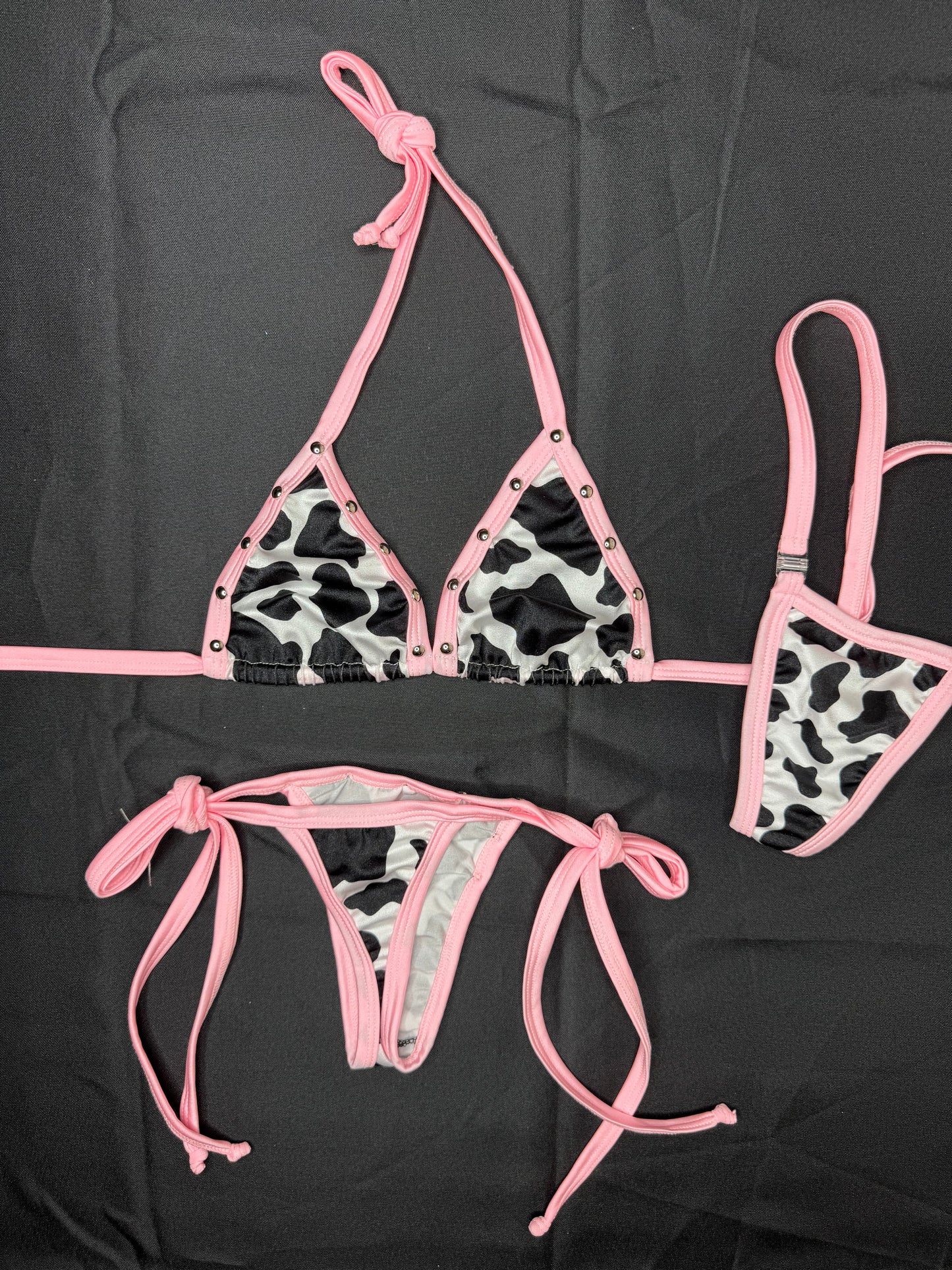 Baby Pink/Cow Print Spandex Two-Piece Side-Tie Bikini Lingerie Outfit