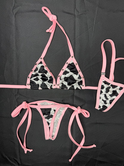 Baby Pink/Cow Print Spandex Two-Piece Side-Tie Bikini Lingerie Outfit