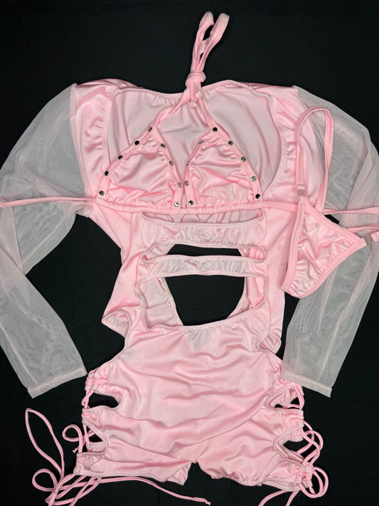 Baby Pink Mesh/Spandex One-Piece Lingerie Outfit