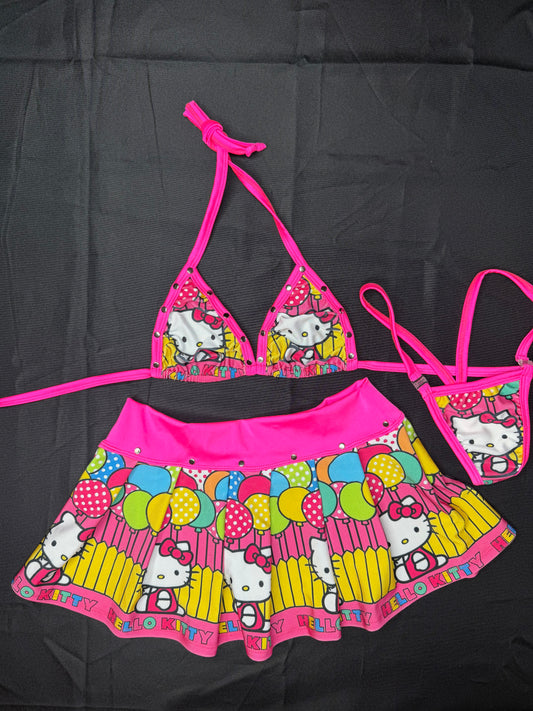 Hot Pink Kitty Spandex Bikini Top/Skirt Two-Piece Lingerie Outfit