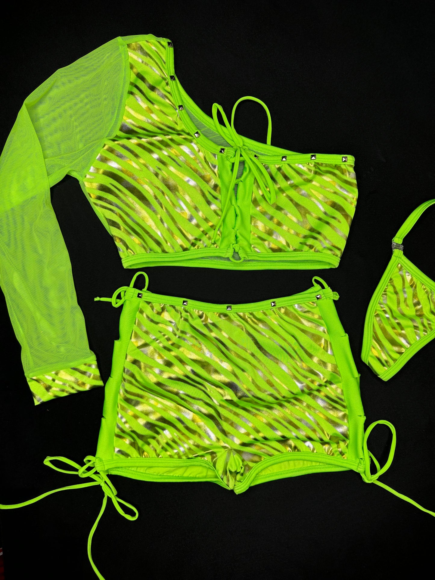 Neon Green Stripe/Mesh Single Sleeve/Shorts Two-Piece Lingerie Outfit