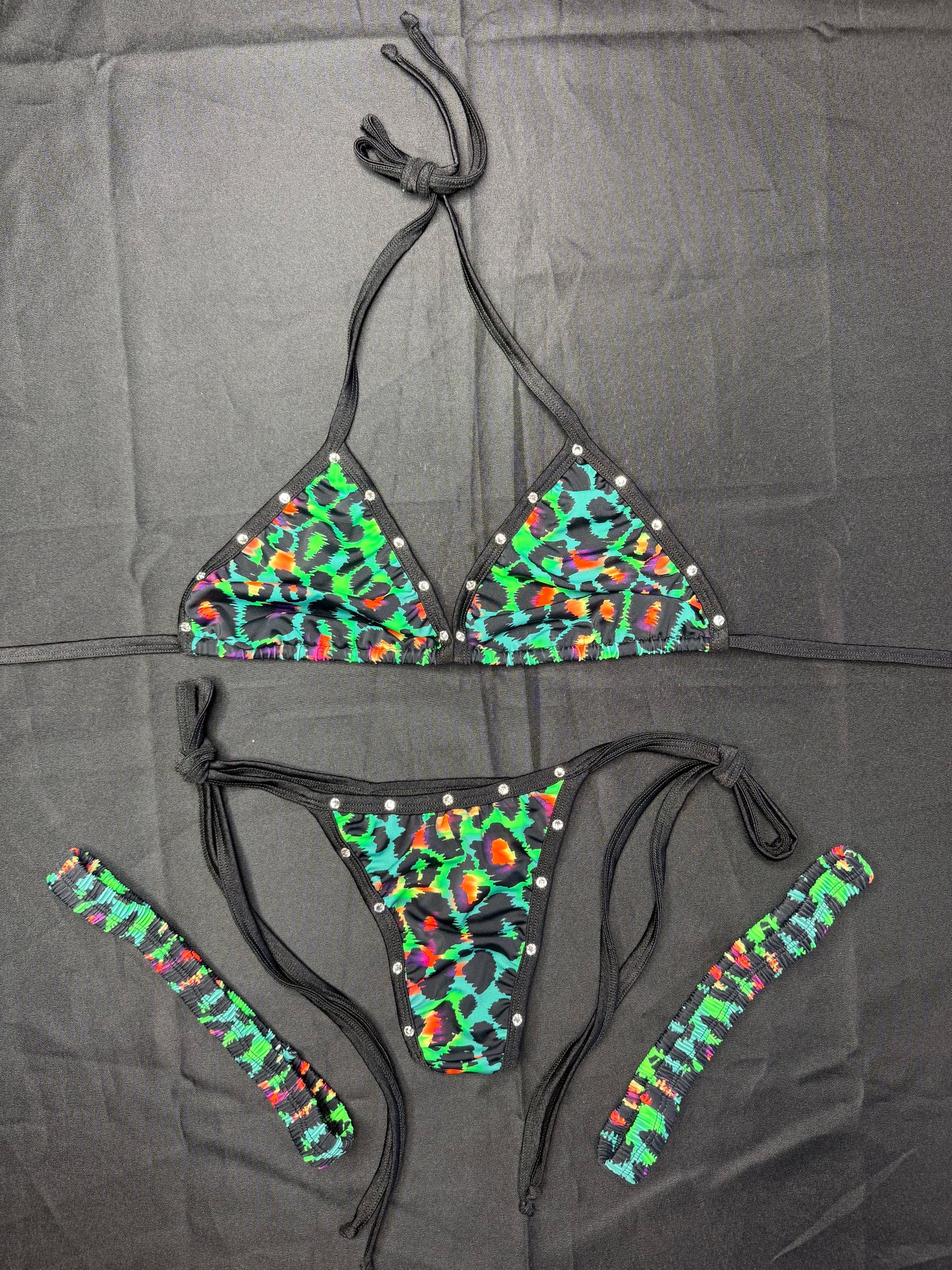 Green Cheetah Animal Print/Black Spandex Two-Piece Bikini Lingerie Outfit