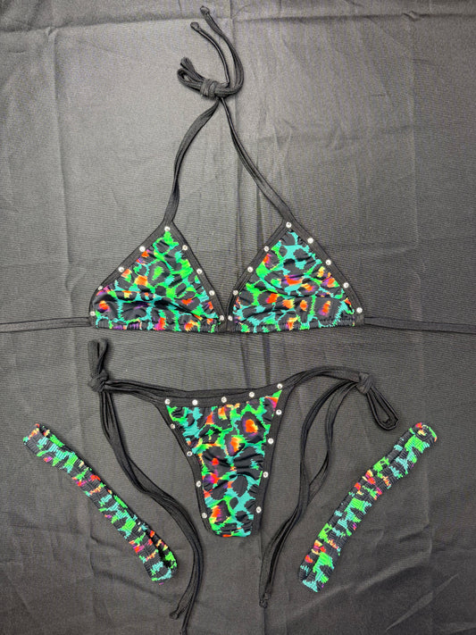 Green Cheetah Animal Print/Black Spandex Two-Piece Bikini Lingerie Outfit