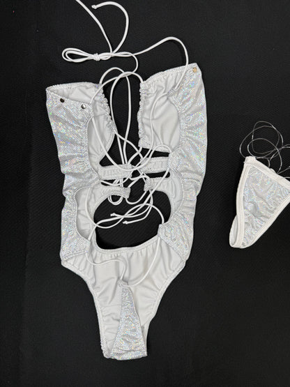Metallic White/White Spandex One-Piece Lingerie Outfit