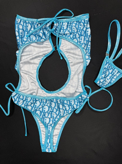 Designer Baby Blue/Metallic Baby Blue Spandex One-Piece Lingerie Outfit