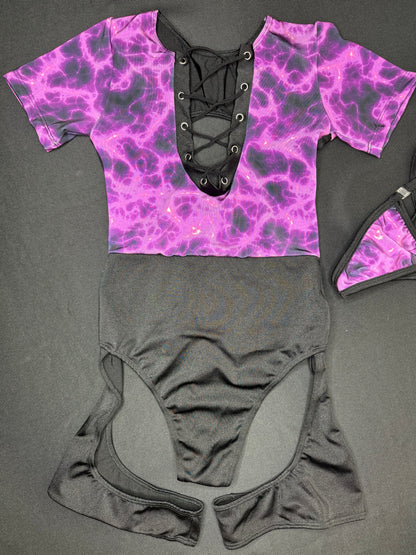 Purple/Black One-Piece Leotard/Garters Bartender Lingerie Outfit