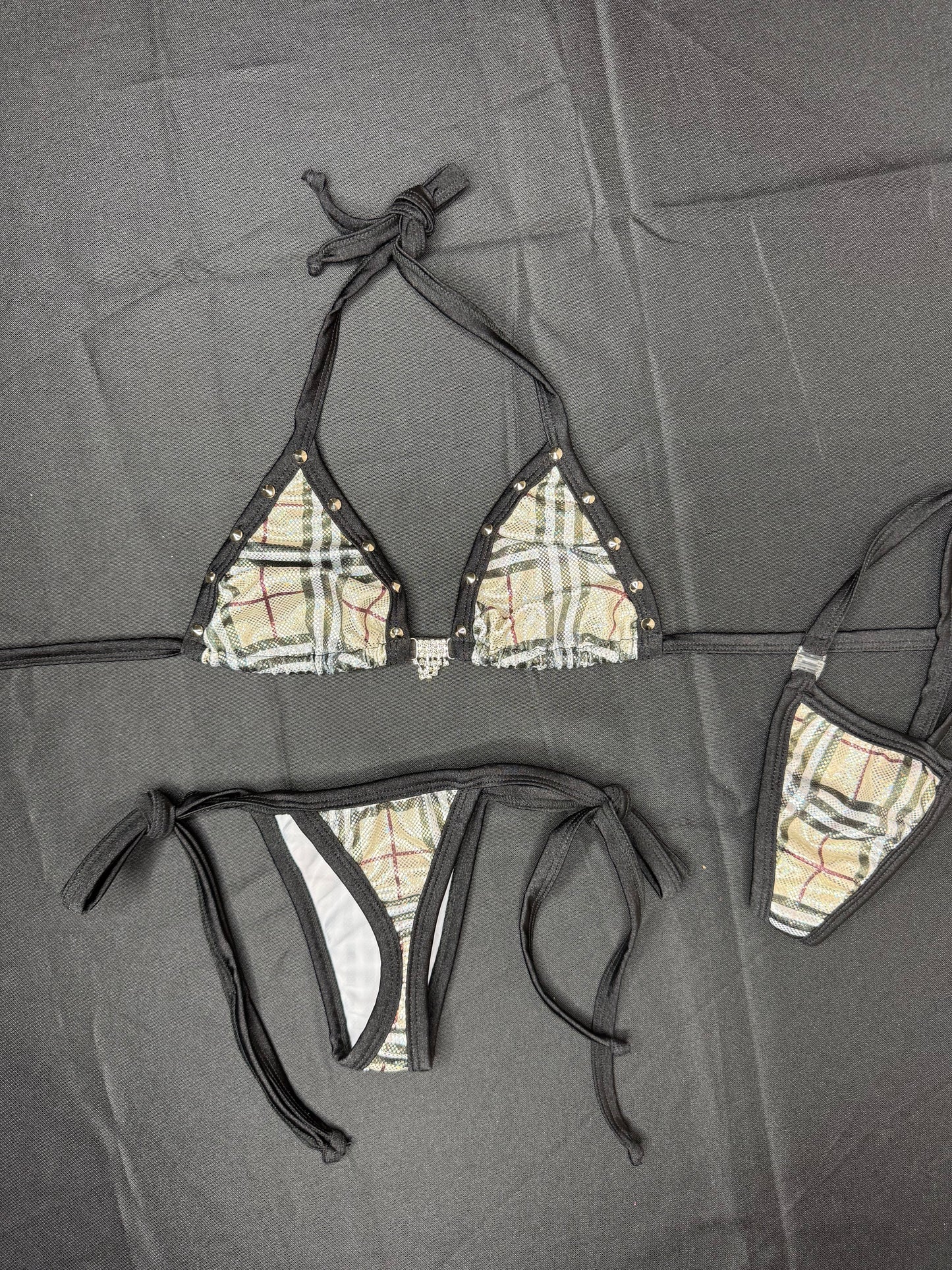 Holographic Designer Plaid/Black Spandex Two-Piece Bikini Lingerie Outfit