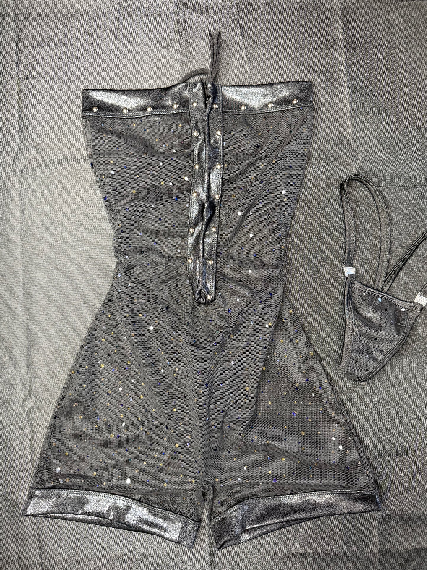 Metallic Black Spandex/Black Sparkle Mesh One-Piece Lingerie Outfit