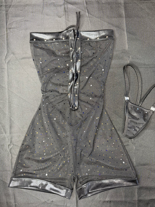 Metallic Black Spandex/Black Sparkle Mesh One-Piece Lingerie Outfit