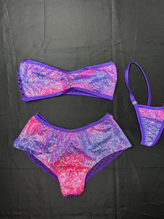 Metallic Purple/Pink Ombré Spandex Tube Top/Shorts Two-Piece Lingerie Outfit