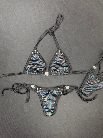 Metallic Black Two-Piece Side-Tie Bikini Lingerie Outfit