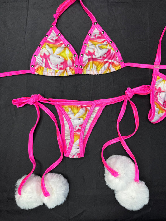 Bunny/Hot Pink Spandex Two-Piece Pom Pom Bikini Lingerie Outfit