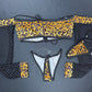 Cheetah Animal Print Black Long Sleeve Fishnet Spandex/Silicone String Bottoms Two-Piece Lingerie Outfit
