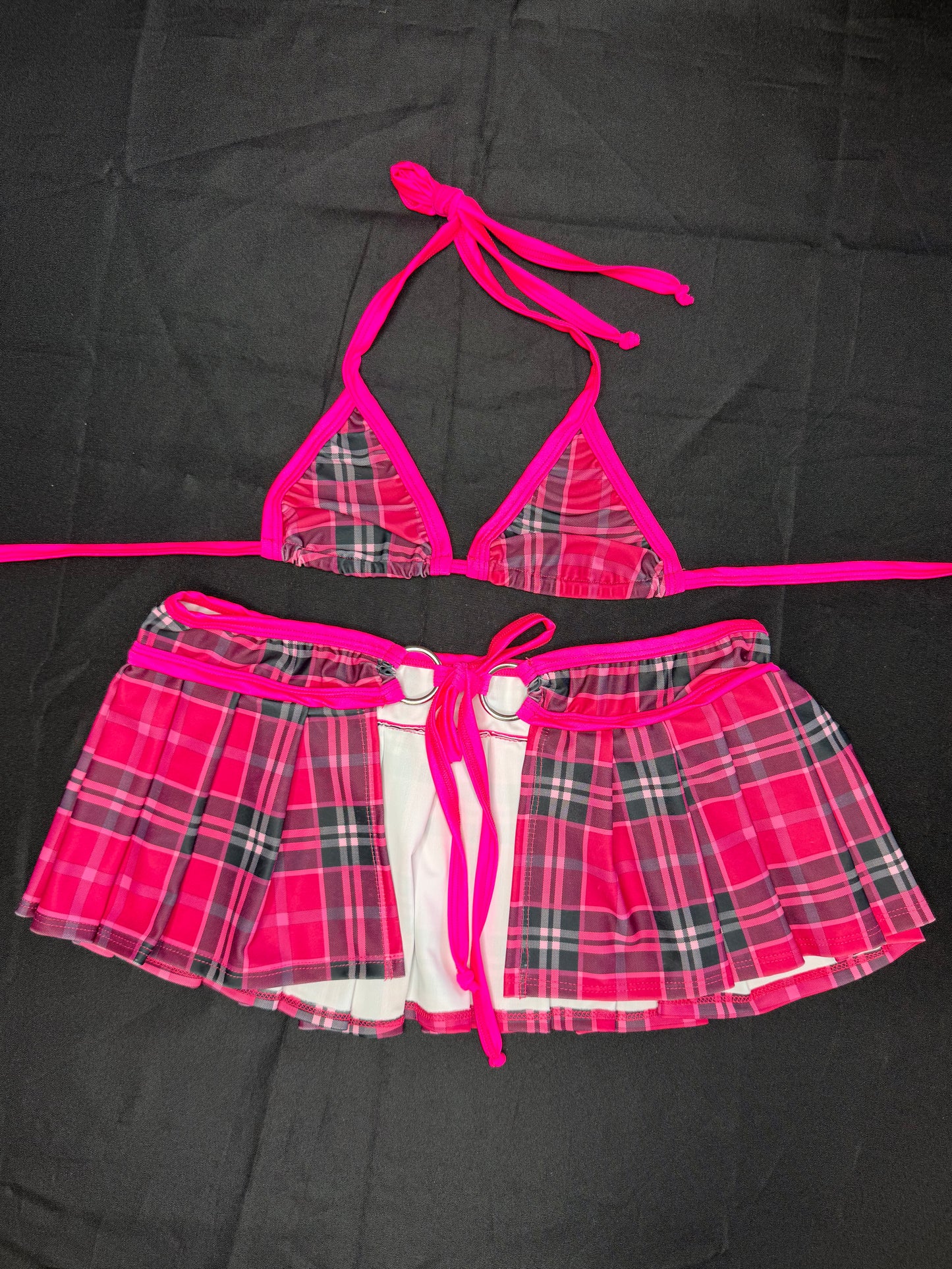 Hot Pink Plaid Spandex Bikini Top/Skirt/Silicone String Bottoms School Girl Outfit