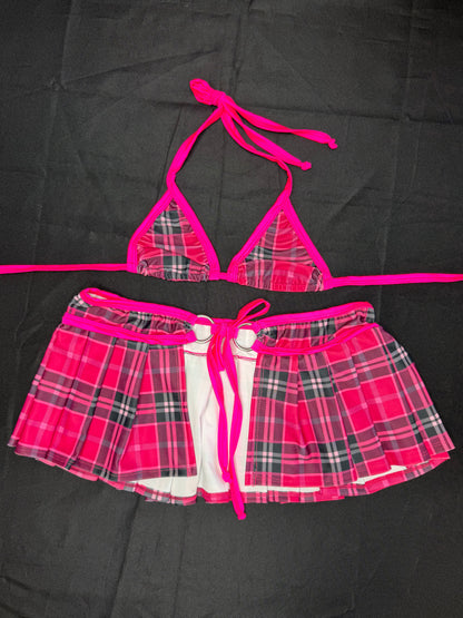 Hot Pink Plaid Spandex Bikini Top/Skirt/Silicone String Bottoms School Girl Outfit