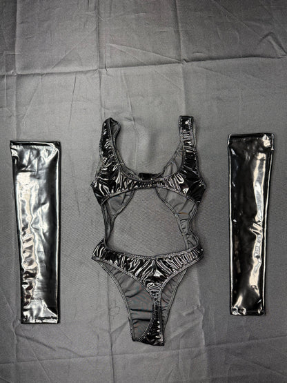 Black Latex One-Piece Lingerie Outfit with Sleeves