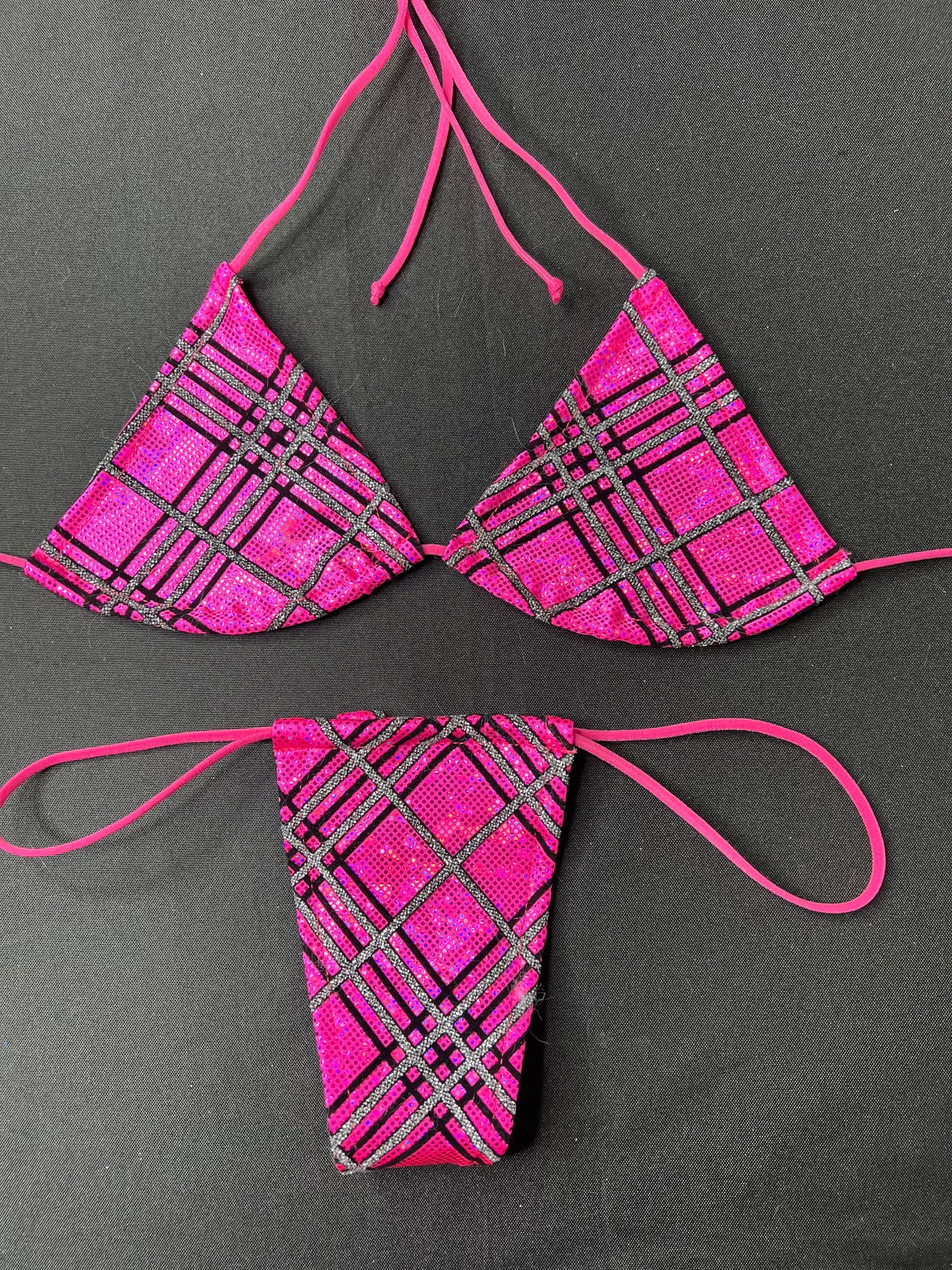 Pink Plaid Two-Piece Micro Bikini Lingerie Outfit