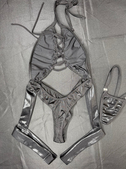 Metallic Black/Black Spandex One-Piece Lingerie Outfit