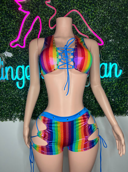 Blue/Holographic Print Spandex Two-Piece Sports Bra/Shorts Lingerie Outfit