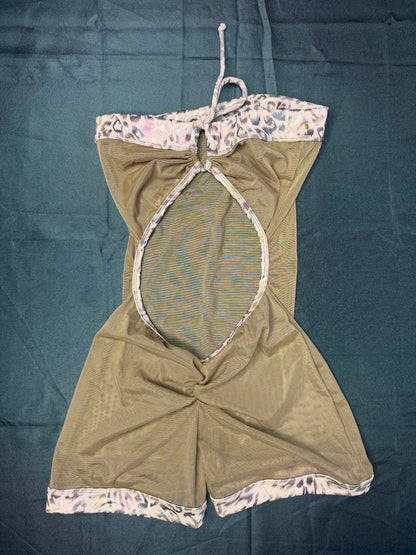 Cheetah Animal Print/Brown Mesh Cheeky Thong One-Piece Lingerie Outfit