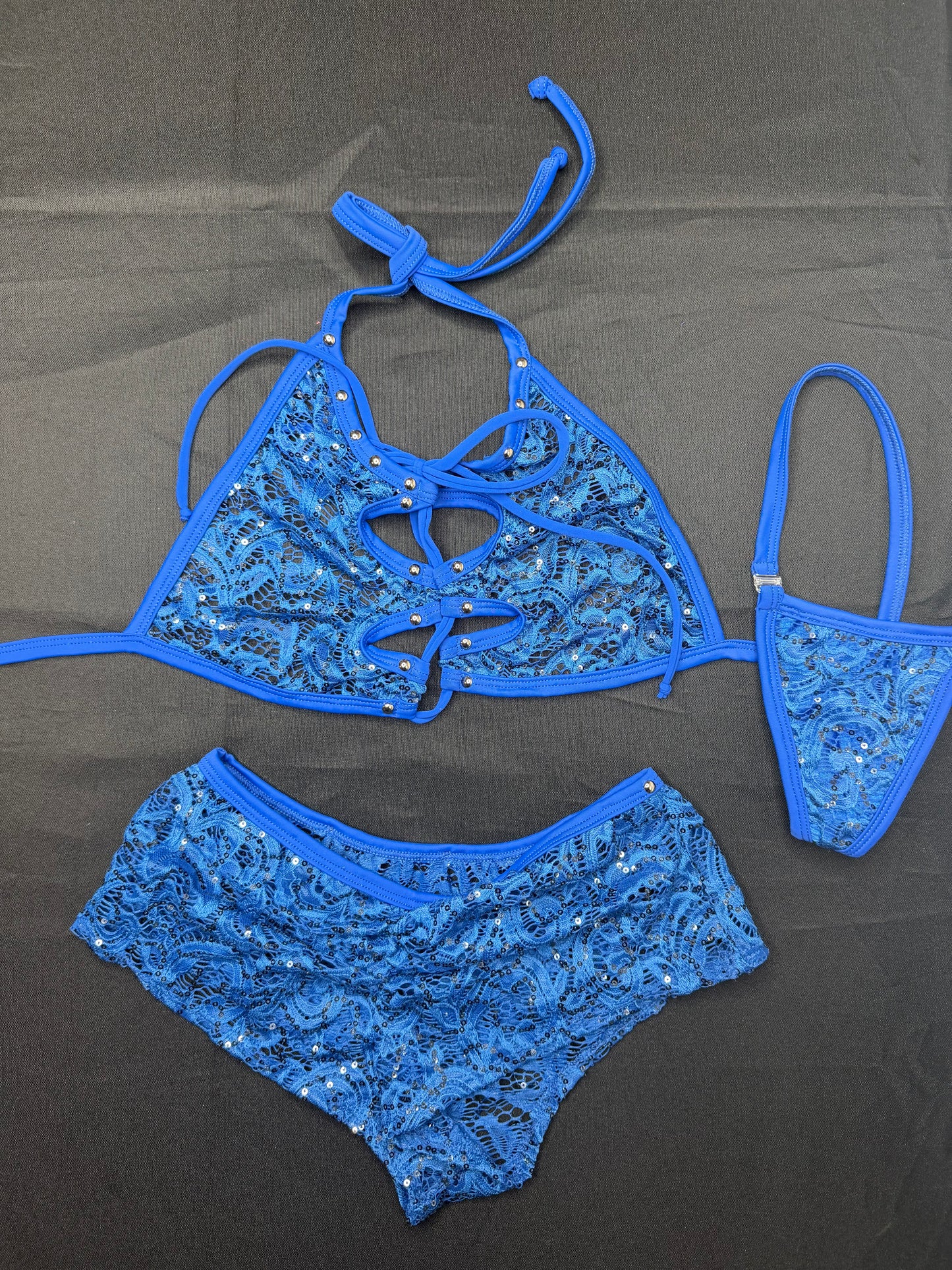 Blue Lace Bikini/Shorts Two-Piece Lingerie Outfit