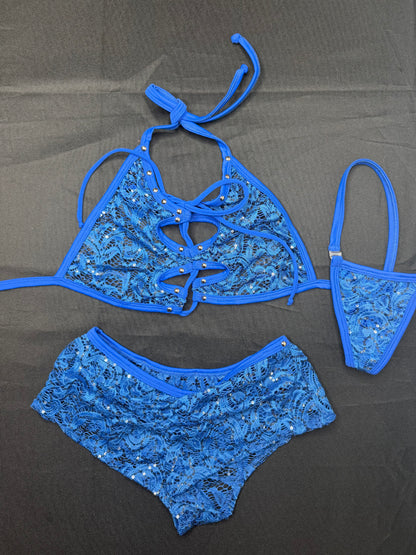 Blue Lace Bikini/Shorts Two-Piece Lingerie Outfit