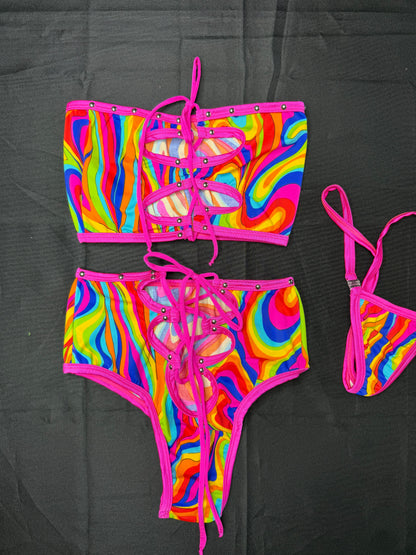 Multi Color/Hot Pink Tube Top/Shorts Two-Piece Lingerie Outfit