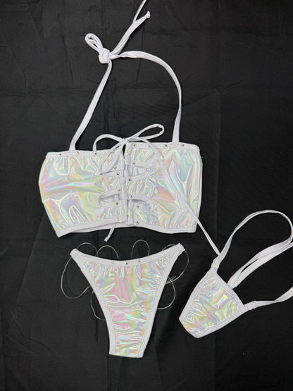 Reflective White Sports Bra Bikini Two-Piece Lingerie Outfit