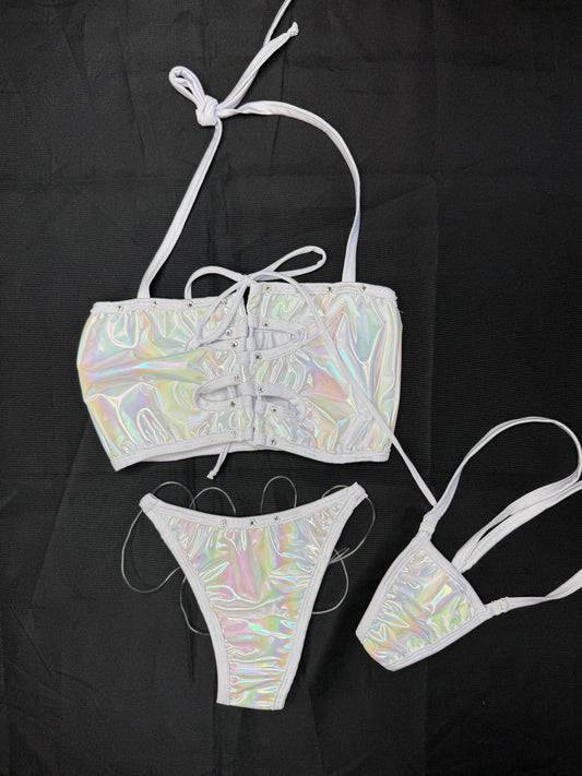 Reflective White Sports Bra Bikini Two-Piece Lingerie Outfit