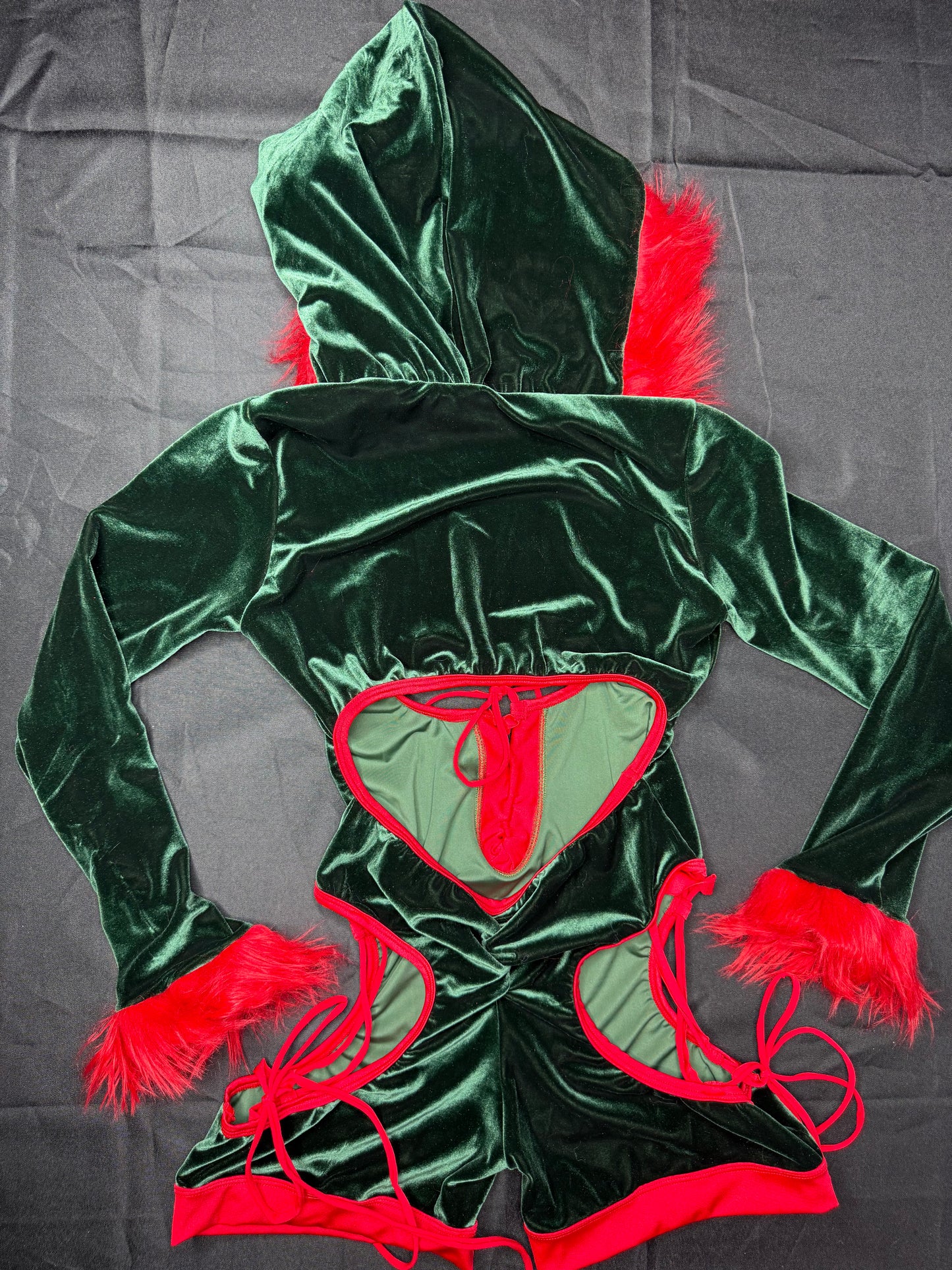 Green Velvet/Red Fur Hoodie Romper Christmas Lingerie Outfit
