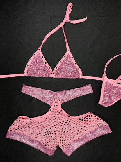 Metallic Baby Pink Designer Bikini Top/Shorts Lingerie Outfit