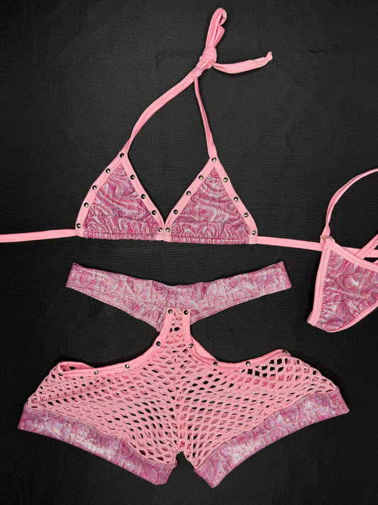 Metallic Baby Pink Designer Bikini Top/Shorts Lingerie Outfit