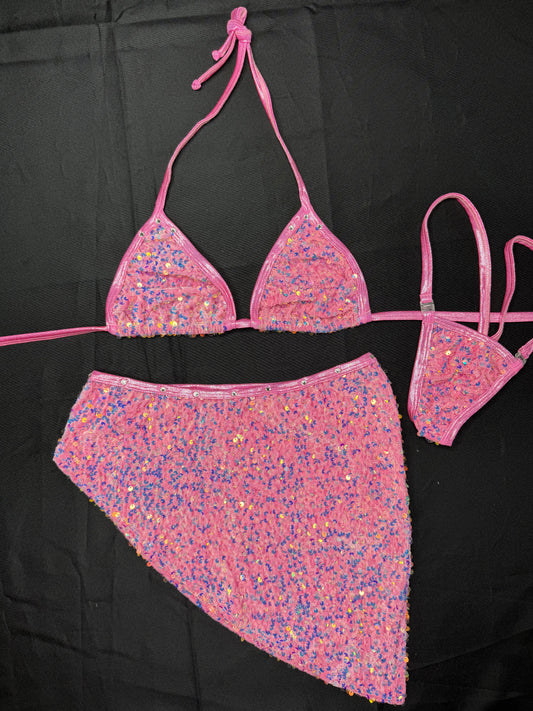 Pink/Blue Holographic Sequins Two-Piece Bikini Top Skirt Lingerie Outfit