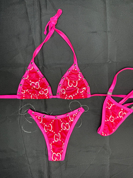 Hot Pink Velvet/Spandex Two-Piece Bikini Lingerie Outfit