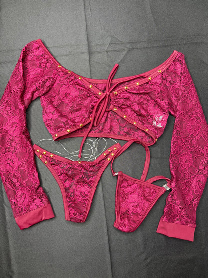 Burgundy Lace Two-Piece Lingerie Set for Exotic Dance Wear