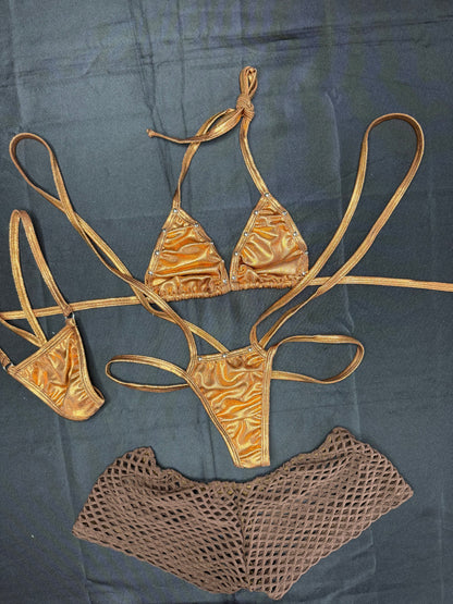 Metallic Bronze/Copper Spandex with Dark Brown Fishnet Shorts Lingerie Outfit