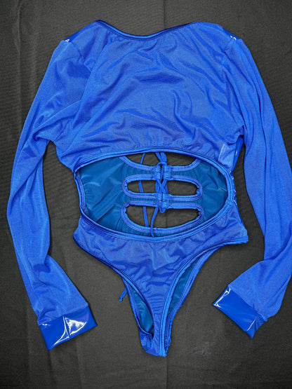Royal Blue Latex Leotard Long Sleeve One-Piece Outfit