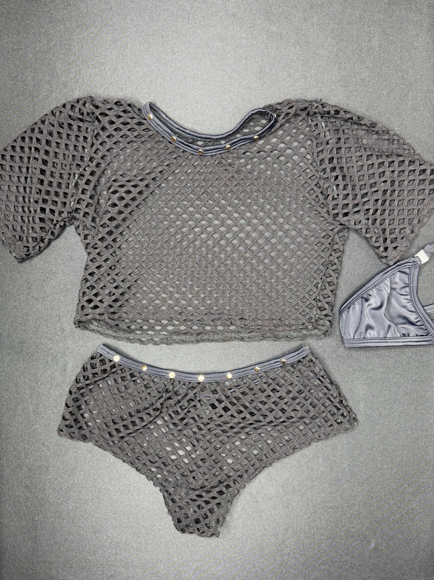 Black Fishnet Spandex Short Sleeve Top/Shorts Two-Piece Lingerie Outfit