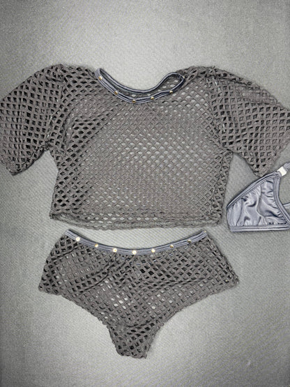 Black Fishnet Spandex Short Sleeve Top/Shorts Two-Piece Lingerie Outfit