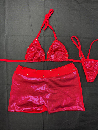 Metallic Cherry Red Bikini Top/Shorts Two-Piece Lingerie Outfit