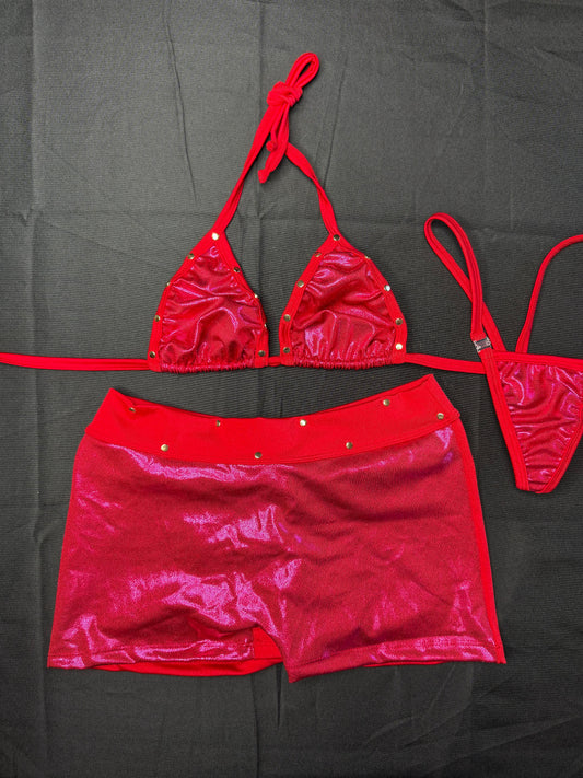 Metallic Cherry Red Bikini Top/Shorts Two-Piece Lingerie Outfit